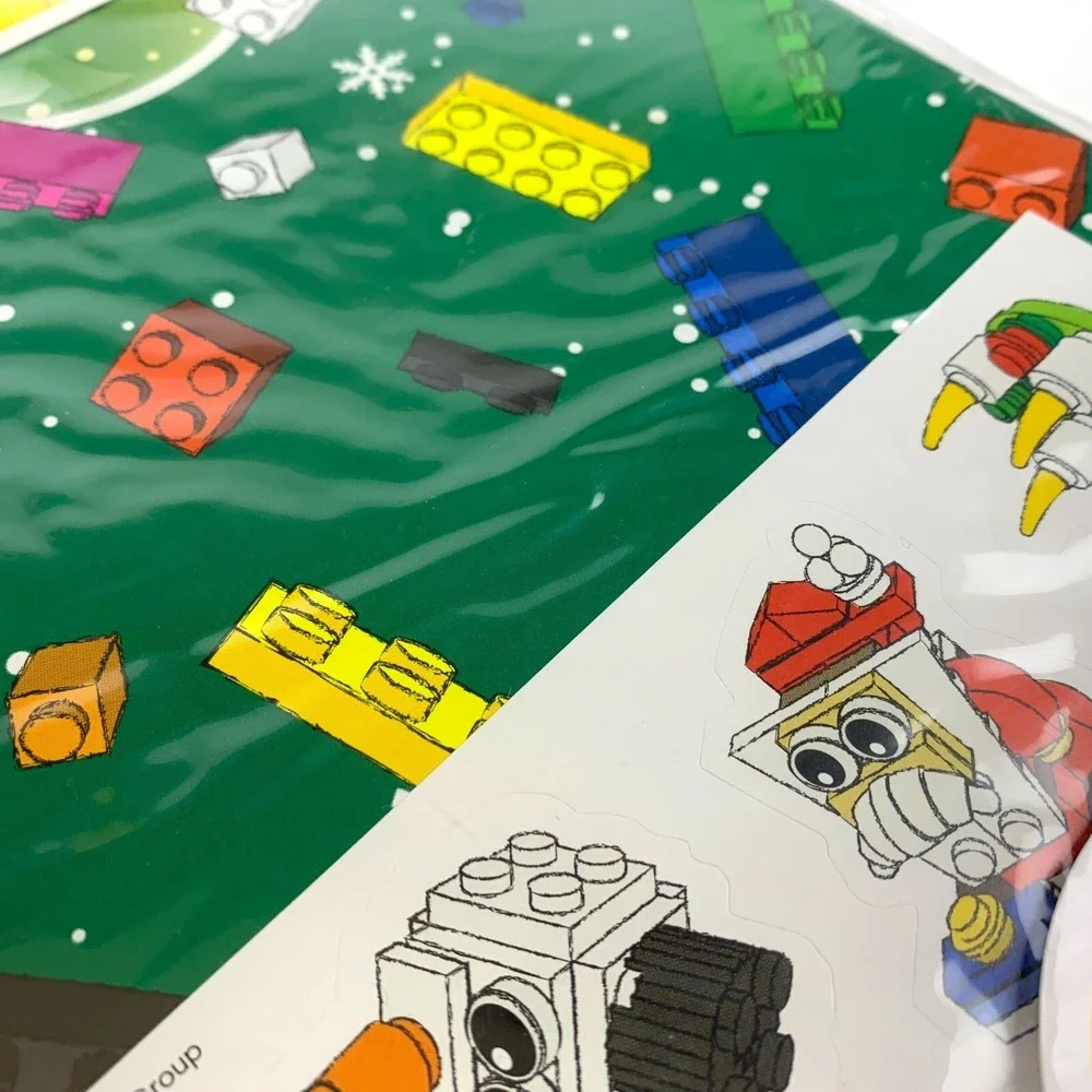 LEGO Christmas Holiday Wrapping Paper 2 Sheets Blue Green‎ Snow Globe Stickers